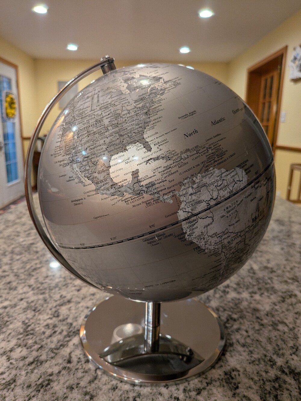 Modern Silver Gray World Globe Chrome Stand Office Shelf Decor